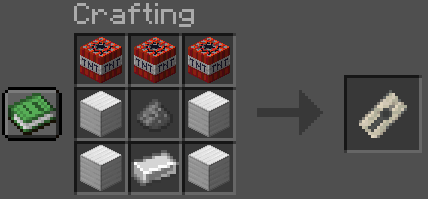 The saddle mount crafting recipe, consisting of three TNT, four iron blocks, one gunpowder, and one iron ingot