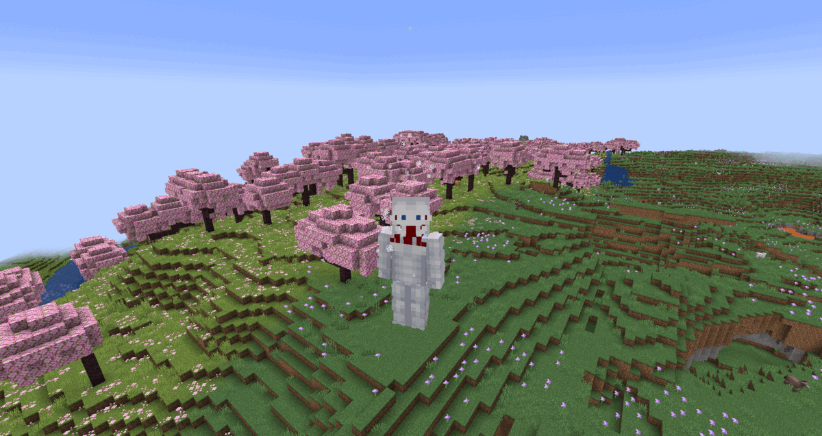 The Warhammer Titan in a Cherry Blossom biome cycling through weapons